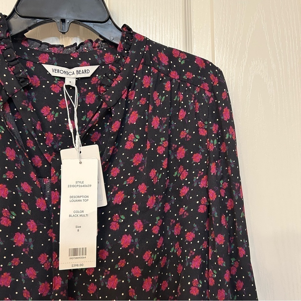 Veronica Beard Louama Floral Blouse Tie-neck in Black Multi - Picture 7 of 9